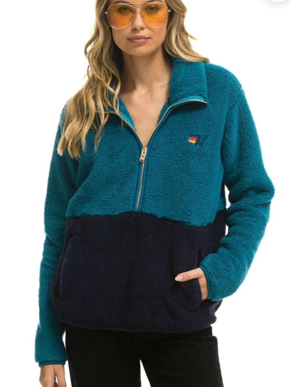 Aviator Nation Teddy Half Zip Sherpa Jacket Capri XS Unisex Colorblock